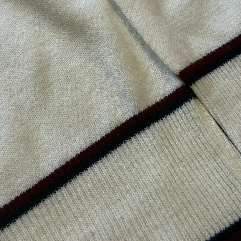 Vintage 70s Lucien Piccard Cream Knit Polo Sweater Burgundy Trim Large Boxy